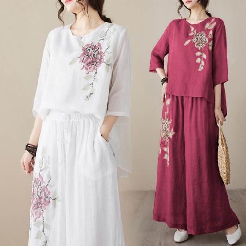 Embroidery Class - Linen Cotton Two Piece Set Women