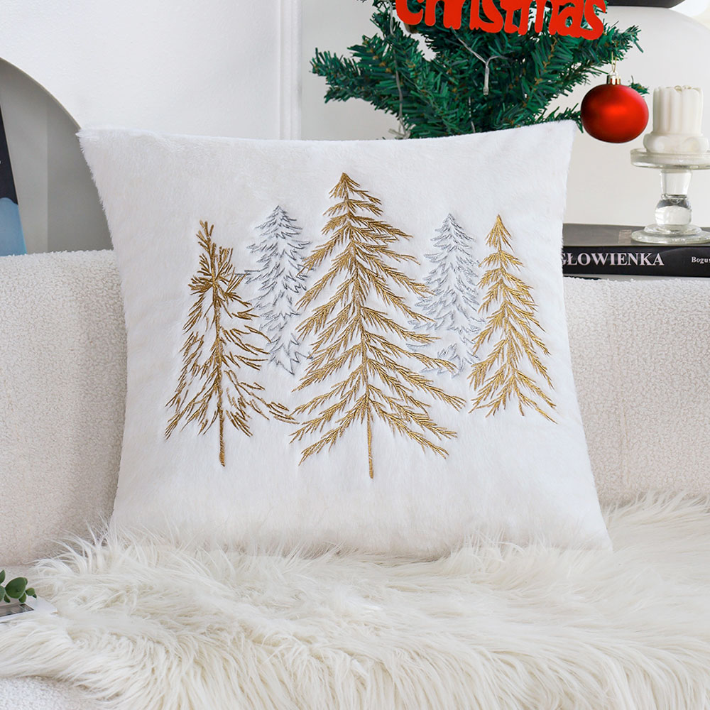 Embroidery Xmas Tree - Christmas Faux Rabbit Fur Pillow Cover