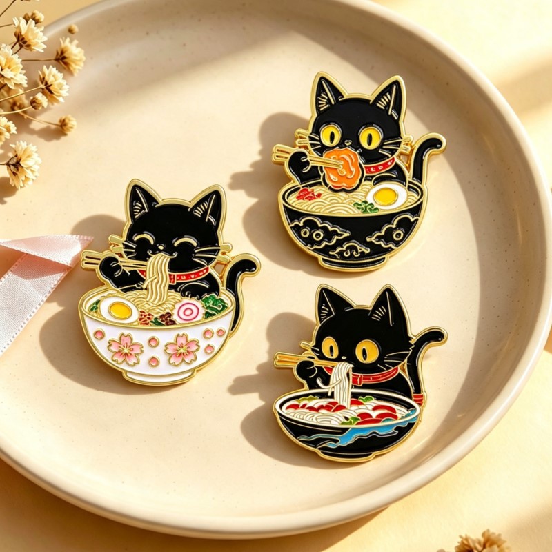 Embroidery Wallpaper - Cute Black Cat Eating Noodles Enamel