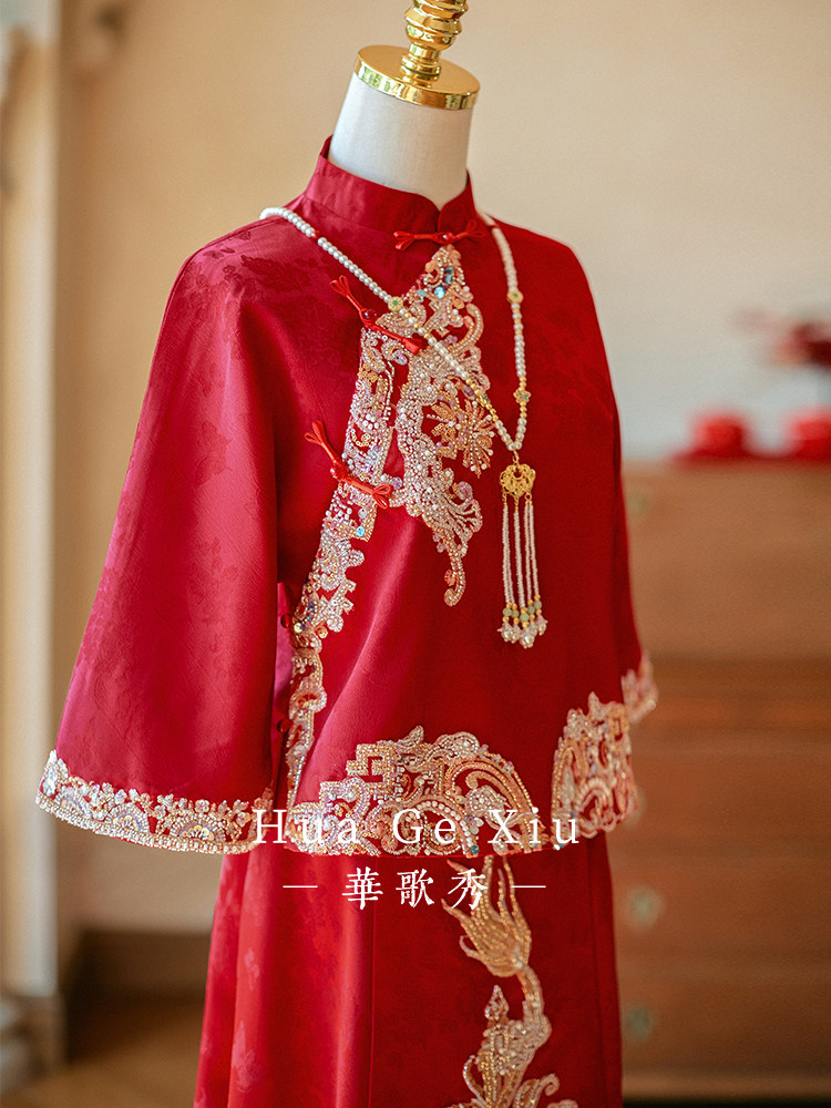 Embroidery Outfit - Red Chinese Xiuhe Wedding Dress Heavy