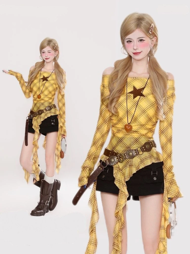Y2K Plaid Slash Neck Vintage T - Embroidery Shirt recension och pris