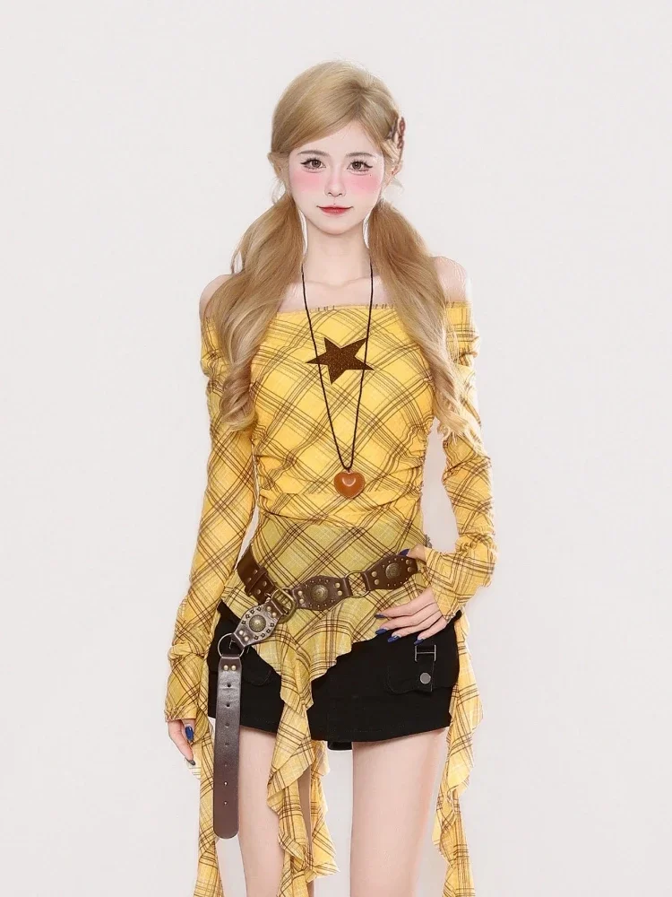 Y2K Plaid Slash Neck Vintage T - Embroidery Shirt recension och pris