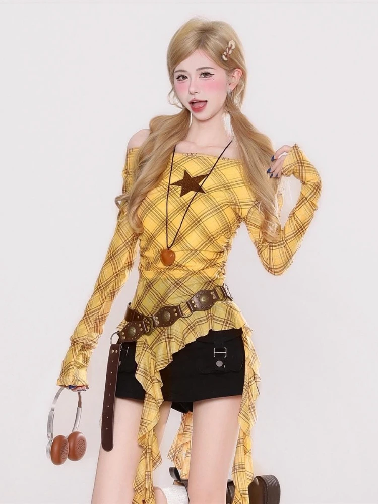 Y2K Plaid Slash Neck Vintage T - Embroidery Shirt recension och pris